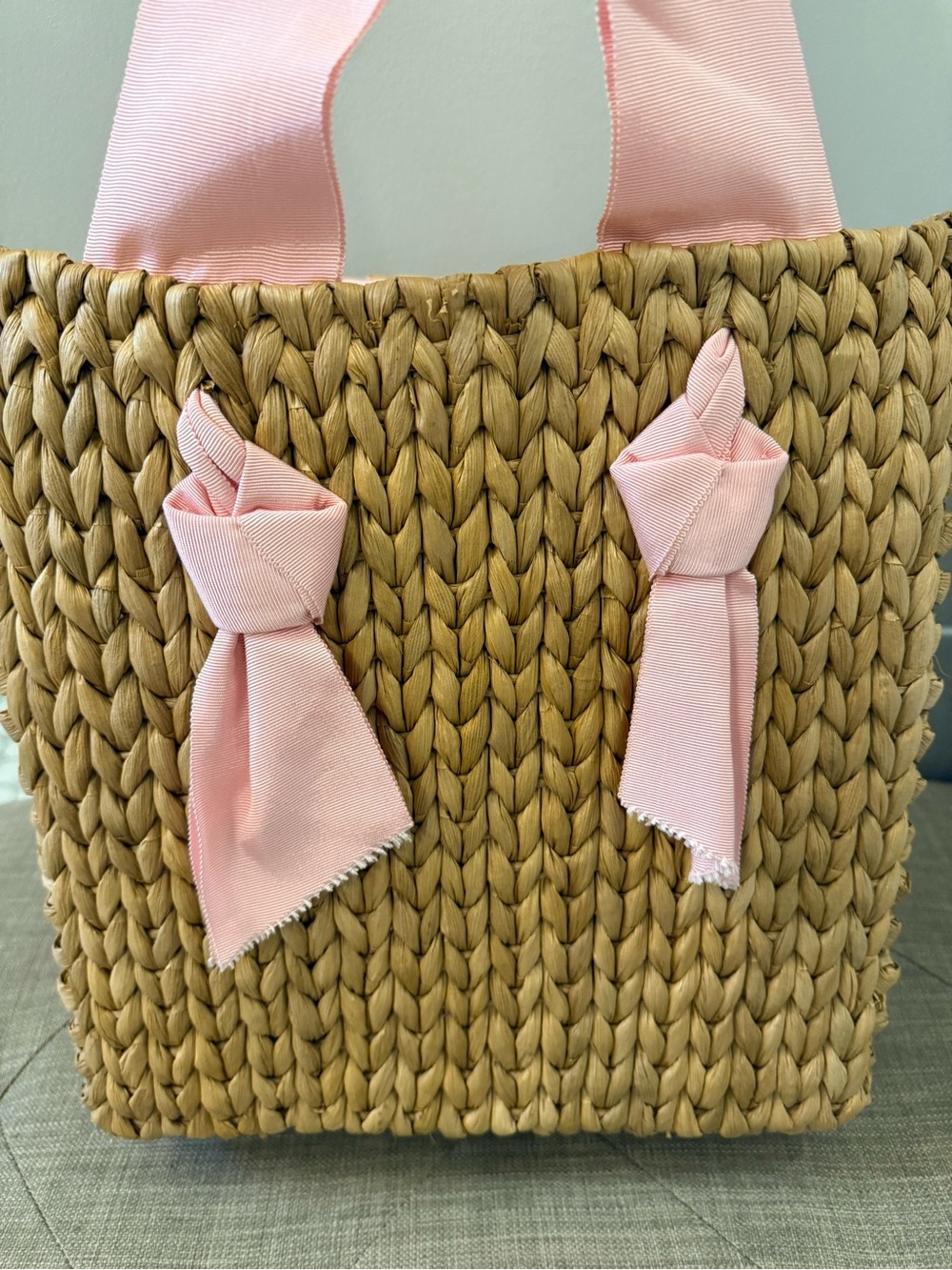 Banana Republic Natural Straw Tote with Pink Ribbon Accents